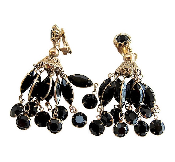 1960's Black Glass Chandelier Clip Back Earrings - image 2