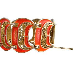 1960&#39;s Vendome Florescent Orange Coral Enamel Linked Bracelet