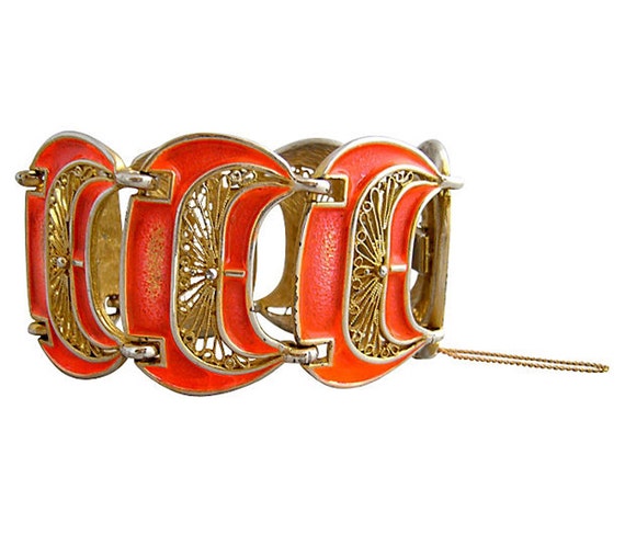 1960's Vendome Florescent Orange Coral Enamel Lin… - image 1