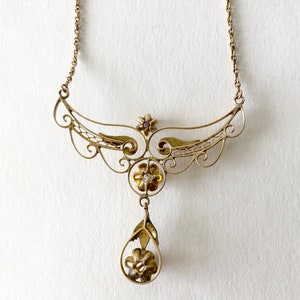 Original Vintage Art Nouveau 10k Green and Yellow Gold Mine Cut Diamond and Garnet Necklace image 3