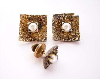 1960's Sterling Silver Vermeil + Pearl Cufflink Tie Tak Set