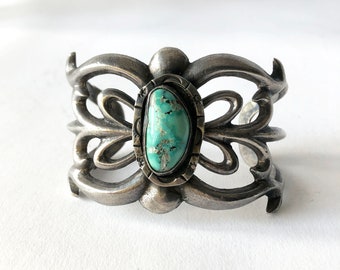 Navajo Native American Sandcast Silver and Turquoise Cuff Bracelet