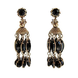 1960&#39;s Black Glass Chandelier Clip Back Earrings