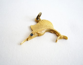 1970's Highly Detailed 14k Gold + Blue Sapphire Swordfish Dolphin Pendant Charm