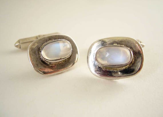 1960's Silver + Moonstone Cufflinks - image 2