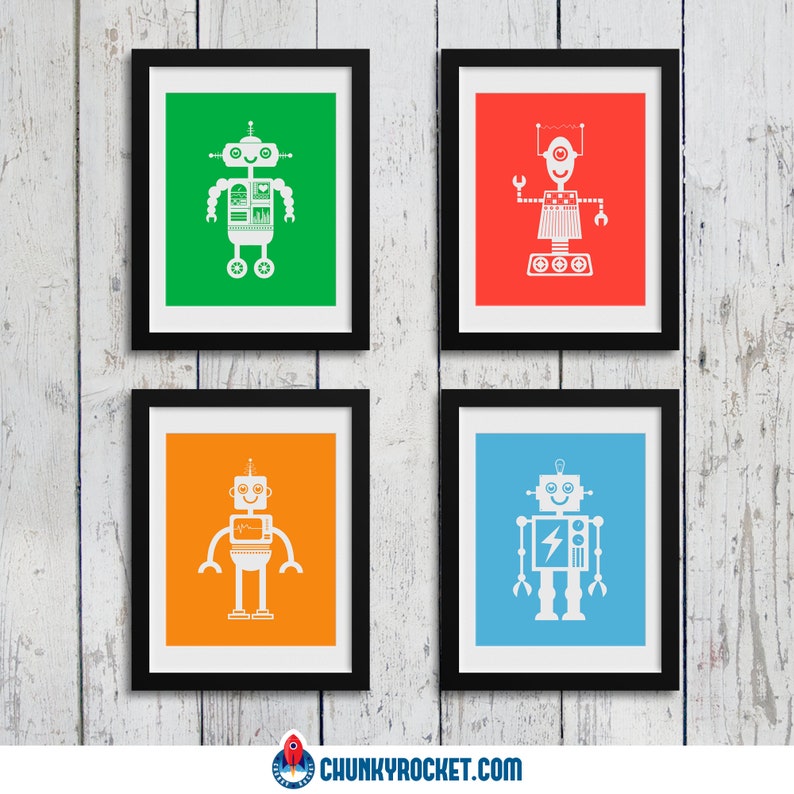 Digital Download Robot Nursery Wall Art Set of 4 / 8x10 inch / baby boy / boy's room decor / kids art / digital download image 1