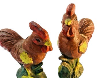 Vintage Ceramic Brown Rust Colored Rooster Hen Salt Pepper Shakers 4"