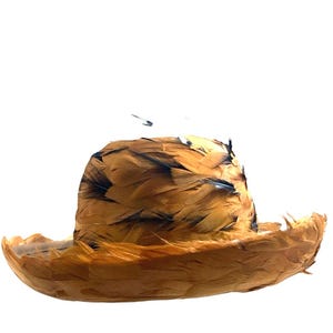 Pode incluir: Um chapéu de aba larga totalmente coberto por penas em camadas de cor castanho-dourado com subtis detalhes pretos. A copa é arredondada e a aba é ligeiramente curvada para cima nas extremidades, criando uma aparência texturizada e suave.