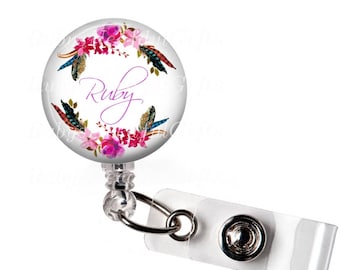 Personalized Badge Reel, Retractable ID Badge Holder, ID Badge Reel, Bottle Cap ID badge reel, Button badge reel, Floral Badge Reel.