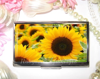Business Card Holder, Card Holder, Business Card Case, Stainless Steel, Card Case, Credit Card Case, Sunflowers.
