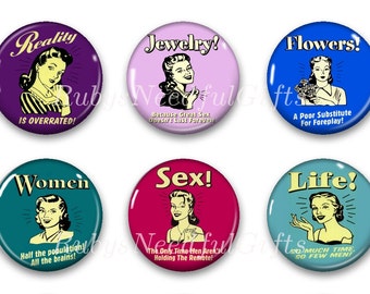 Magnets, Button Magnets, Fridge Magnets, Retro Women Magnets, 1 1/4 inch, Best friends gift, Hostess Gift, SET OF 6.