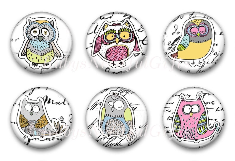 Magnets, Button Magnets, Fridge Magnets, Owl Magnets, 1 1/4 inch, Best friends gift, Hostess Gift, SET OF 6. image 1