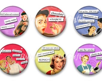 Magnets, Button Magnets, Fridge Magnets, Retro Housewife Magnets, 1 1/4 inch, Best friends gift, Hostess Gift, SET OF 6.