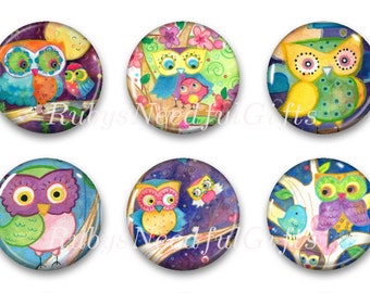 Owl Magnets, Button Magnets, Fridge Magnets, Round Magnets, 1 1/4 inch, Best friends gift, Hostess Gift, SET OF 6, Owls.