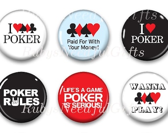 Poker Magnets, Games Magnets, Button Magnets, Fridge Magnets, Round Magnets, 1 1/4 inch, Best friends gift, Hostess Gift, SET OF 6, Magnets.