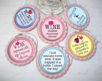 Wine Glass Charms,Bottlecap wine glass charms, Funny Wine Sayings, Best friends gift,wineglass charms,Hostess Gift,ladies night,set of 6
