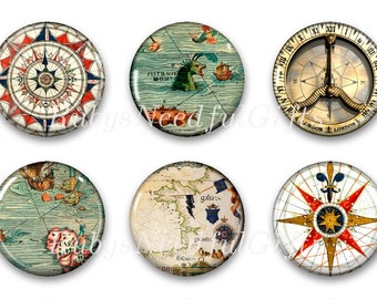 Compass Magnets, Button Magnets, Fridge Magnets, Magnets, 1 1/4 inch, Best friends gift, Hostess Gift, SET OF 6, Compass and Maps.