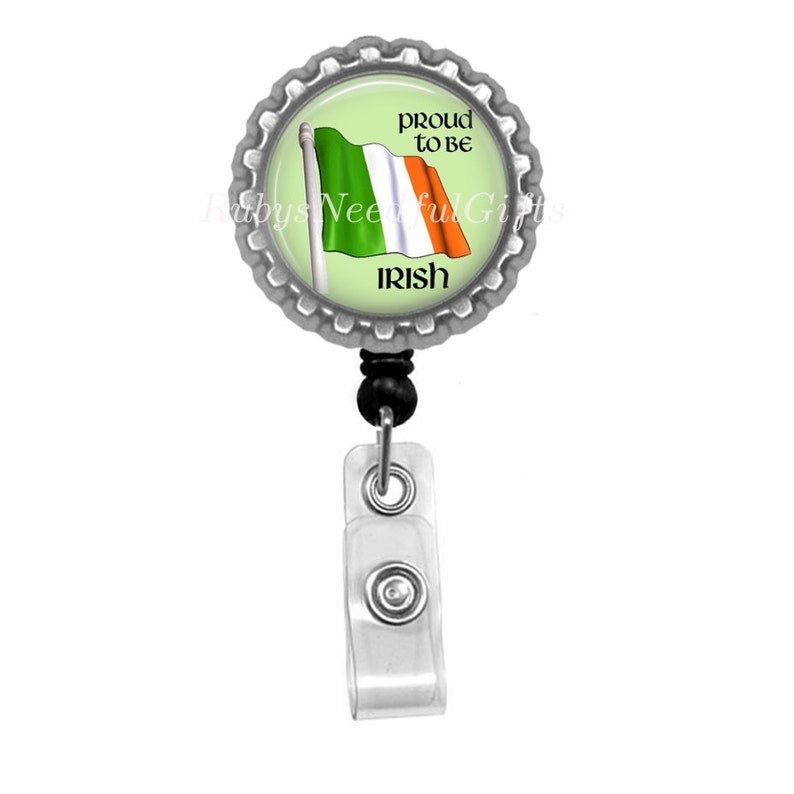 Irish Flag Retractable ID Badge Holder, ID Badge Reel, Bottle Cap ID badge reel, bottlecap badge reel. image 1