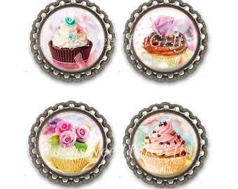 Cup Cake Bottle Cap Magnets, Bottlecap magnets, Set of 4.