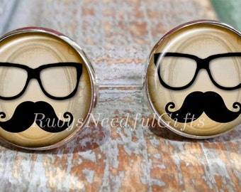 Cufflinks, Silver Plated Cufflinks,  Mens' Cufflinks, Mustache Cufflinks,  Mens' Accessories, Glass Dome Cufflinks, Gift for Him.