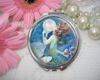 Mermaid Compact Mirror, cosmetic,handbag or purse mirror,pocket Mirror, silver tone,bridesmaid gift,birthday gift.