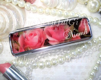 Personalized Roses Lipstick Case, Lipstick Holder, Lipstick Case with Mirror, Lipbalm Case, Birthday Gift, Best Friend Gift, Antique Roses.