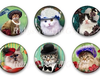 Cat Magnets, Button Magnets, Fridge Magnets, Round Magnets, 1 1/4 inch, Best friends gift, Hostess Gift, SET OF 6, Cats in Hats Magnets.