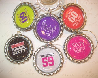 Wine Glass Charms,Bottlecap wine glass charms,60th Birthday Charms,bottlecap wine charms,Best friend gift,Hostess Gift,ladies night,set of 6