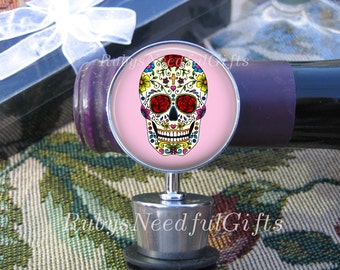 Wine Bottle Stopper, Day of the Dead Bottle Stopper,  Hostess Gift,  Housewarming Gift, Skull.