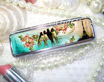 Paris Lipstick Case, Lipstick Holder, Lipstick Case with Mirror,  Lipbalm Case,  Birthday Gift, Best Friend Gift, Swallows..