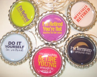 Retirement Wine Glass Charms,Bottlecap wine glass charms, Retirement Gift, Best friends gift, Hostess Gift,ladies night, SET OF 6.