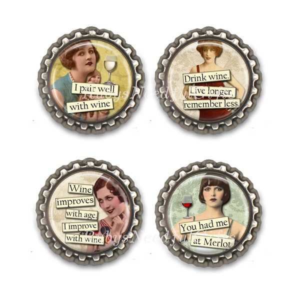 Wine Diva Bottle Cap Magnets, Refrigerator Magnets,  Bottlecap magnets, Birthday Gift, Fridge Magnets, Hostess Gift, Set of 4.