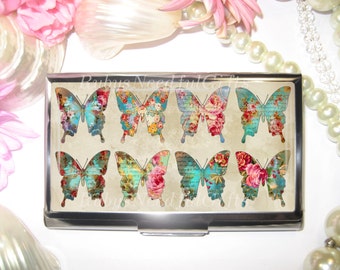 Business Card Holder, Card Holder, Business Card Case, Stainless Steel, Card Case, Credit Card Case, Shabby Butterflies.