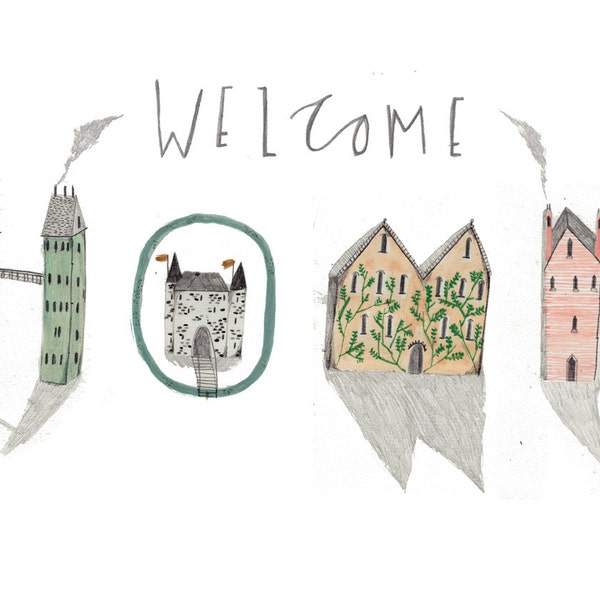 Welcome home. Illustration print. wall decor.