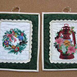 Christmas Wreath and Lantern Embroidered Wall Hangings