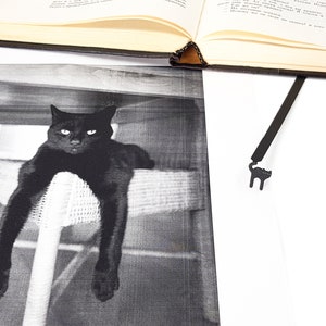 May include: A black and white photograph of a black cat lounging on a chair, with a black metal cat-shaped bookmark next to an open book. The cat is the focal point, with its relaxed posture and intense gaze.