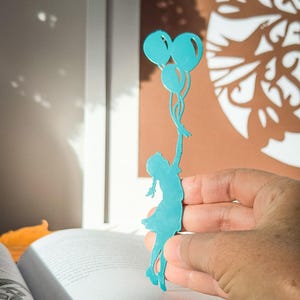 Blue metal bookmark Girl with Balloons.