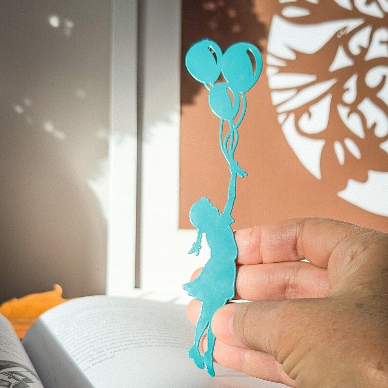 Blue metal bookmark Girl with Balloons.
