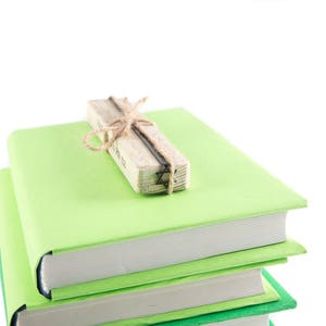 A stack of three green books with a David Star bookmark on the wooden block tied with twine. The bookmark is made by an indy shop in Ukraine. Not mass-manufactured.