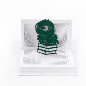 Green metal bookmark Bookworm. Great book party favor. Wonderful gift idea for a book nerd. Created and made by Coolbookmark on Etsy.