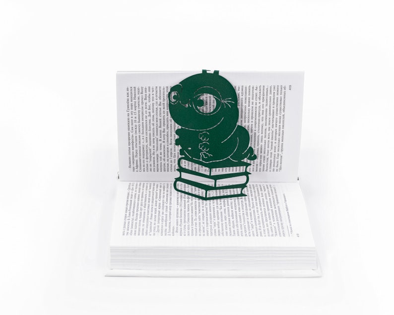Green metal bookmark Bookworm. Great book party favor. Wonderful gift idea for a book nerd. Created and made by Coolbookmark on Etsy.