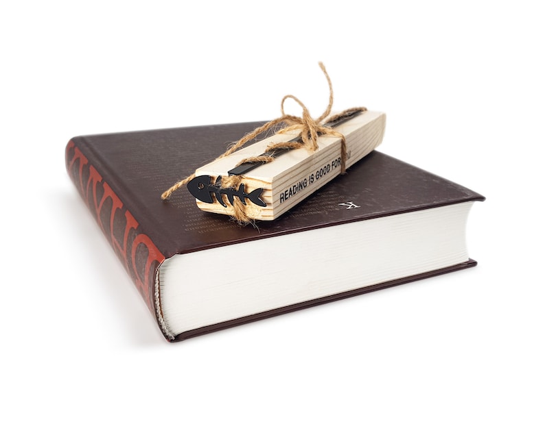 Unique Fishbone bookmark on the wooden packaging block - Coolbookmark.
