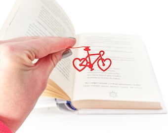 Metal Bike Love Bookmark: Red Bicycle Hearts Design