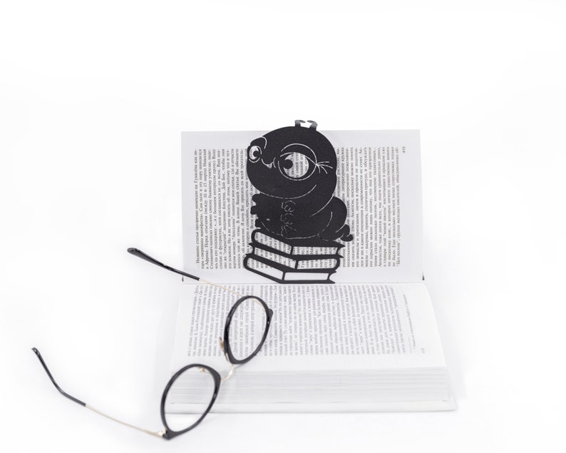 Black metal bookmark Bookworm. Great book party favor. Wonderful gift idea for a book nerd. Created and made by Coolbookmark on Etsy.