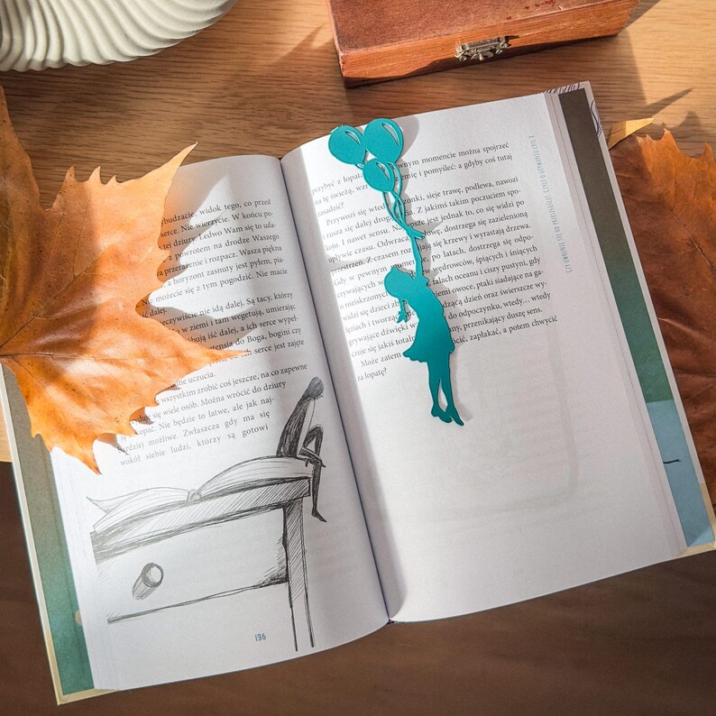 Blue metal bookmark Girl with Balloons.