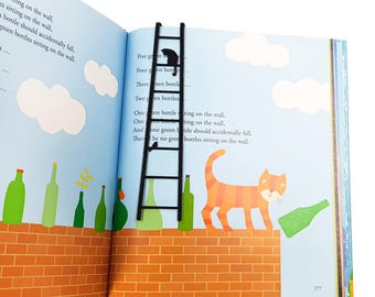 Metal Cat and Bird on Ladder Bookmark: Black Steel Design