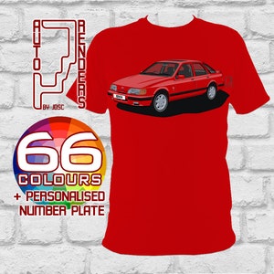 T-shirt personalizzata Ford Sierra XR4x4 berlina di AutoRenders - Taglie dalla piccola alla 3XL* - Genere neutro - Abbinamento colori maglietta e auto!
