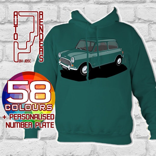 Classic Mk1 Morris Mini Personalised Pullover Hoodie by AutoRenders - Sizes Small to 2XL - Gender Neutral - Hoodie & Car Colour Match!