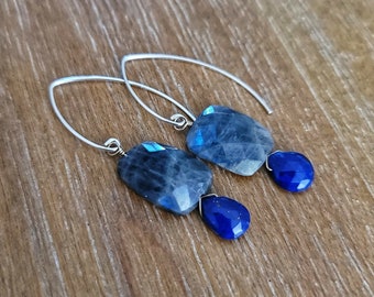 Pendientes artesanales de plata de ley con labradorita y lapislázuli