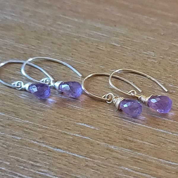 Amethyst Briolette Earrings, February Birthstone Jewelry, Faceted Natural Amethyst Gemstones with Gold Filled or Sterling Silver